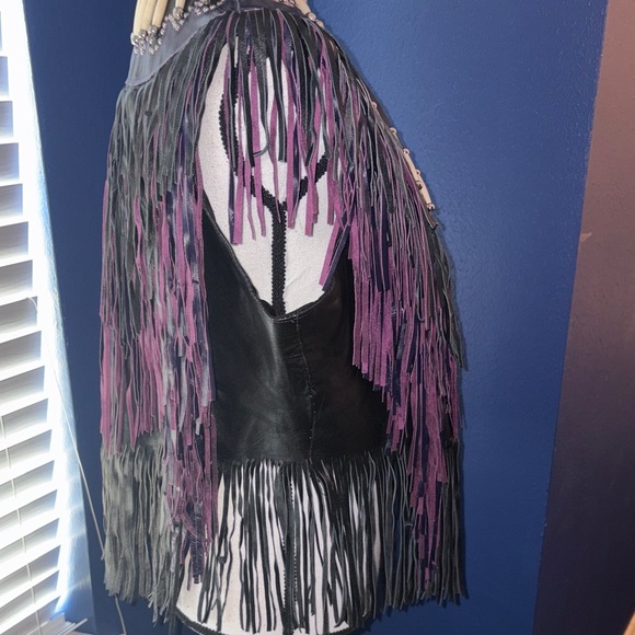 🟣 Western Wear by Shaf Leather Vest – Purple & Black Fringe, Bone & Silver Stud - Picture 9 of 14